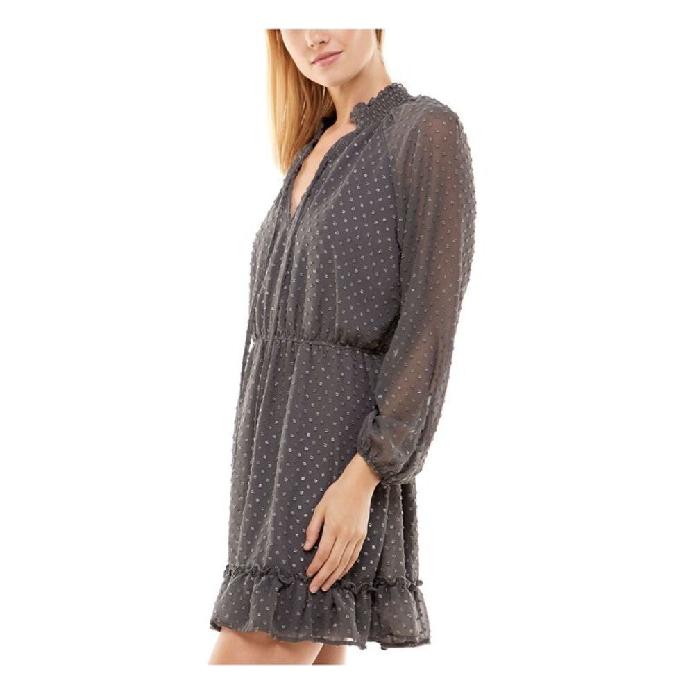 SPEECHLESS Womens Fit + Flare Short Dress Tie Blouson Sleeve High Split Neck - Picture 3 of 3